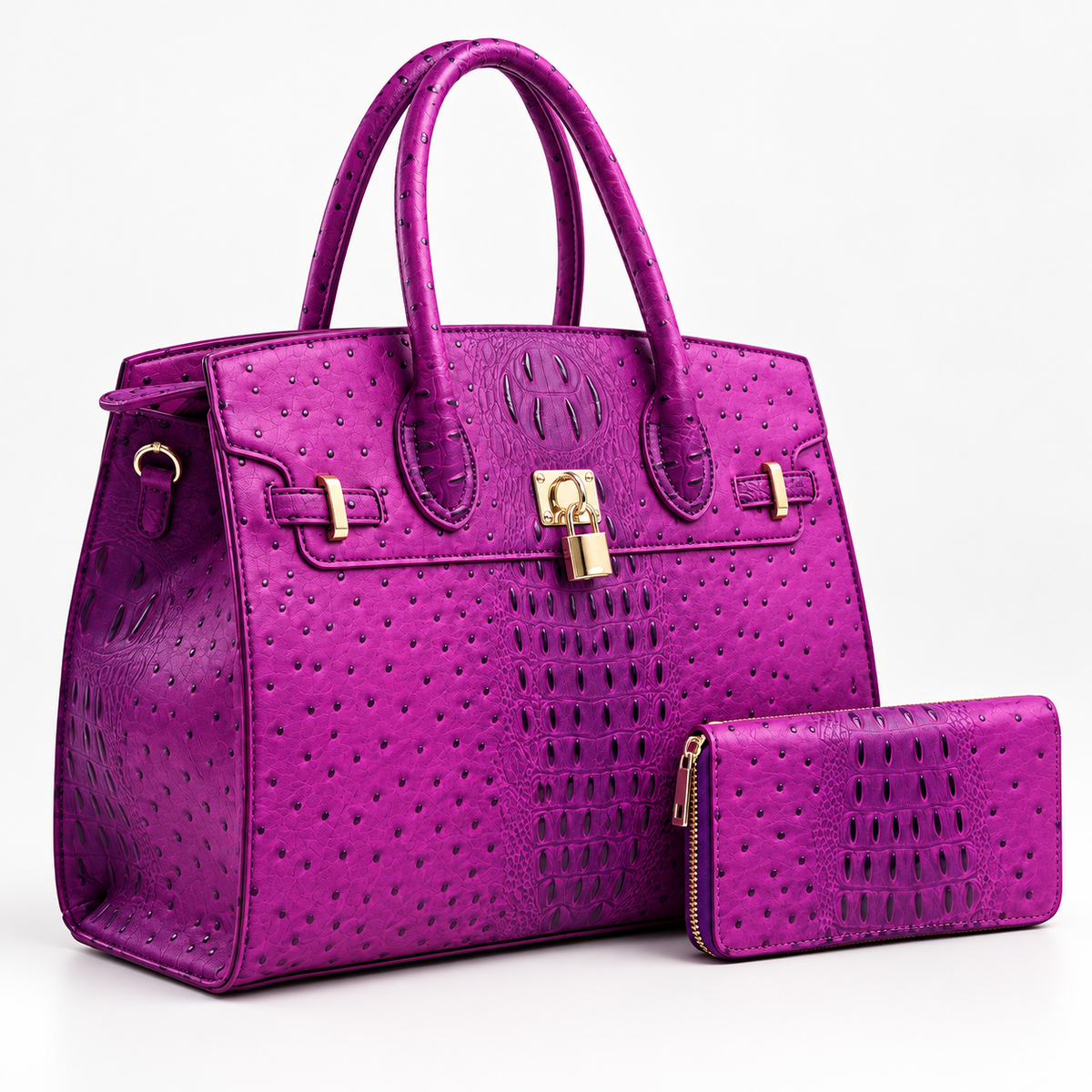Vivienne XL Ostrich-Embossed Satchel & Wallet Set