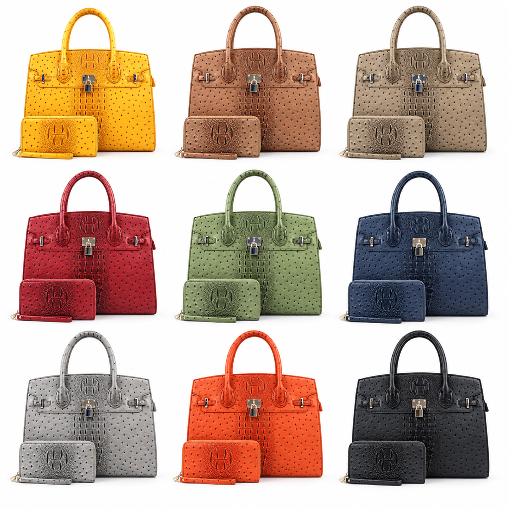 Vivienne XL Ostrich-Embossed Satchel & Wallet Set
