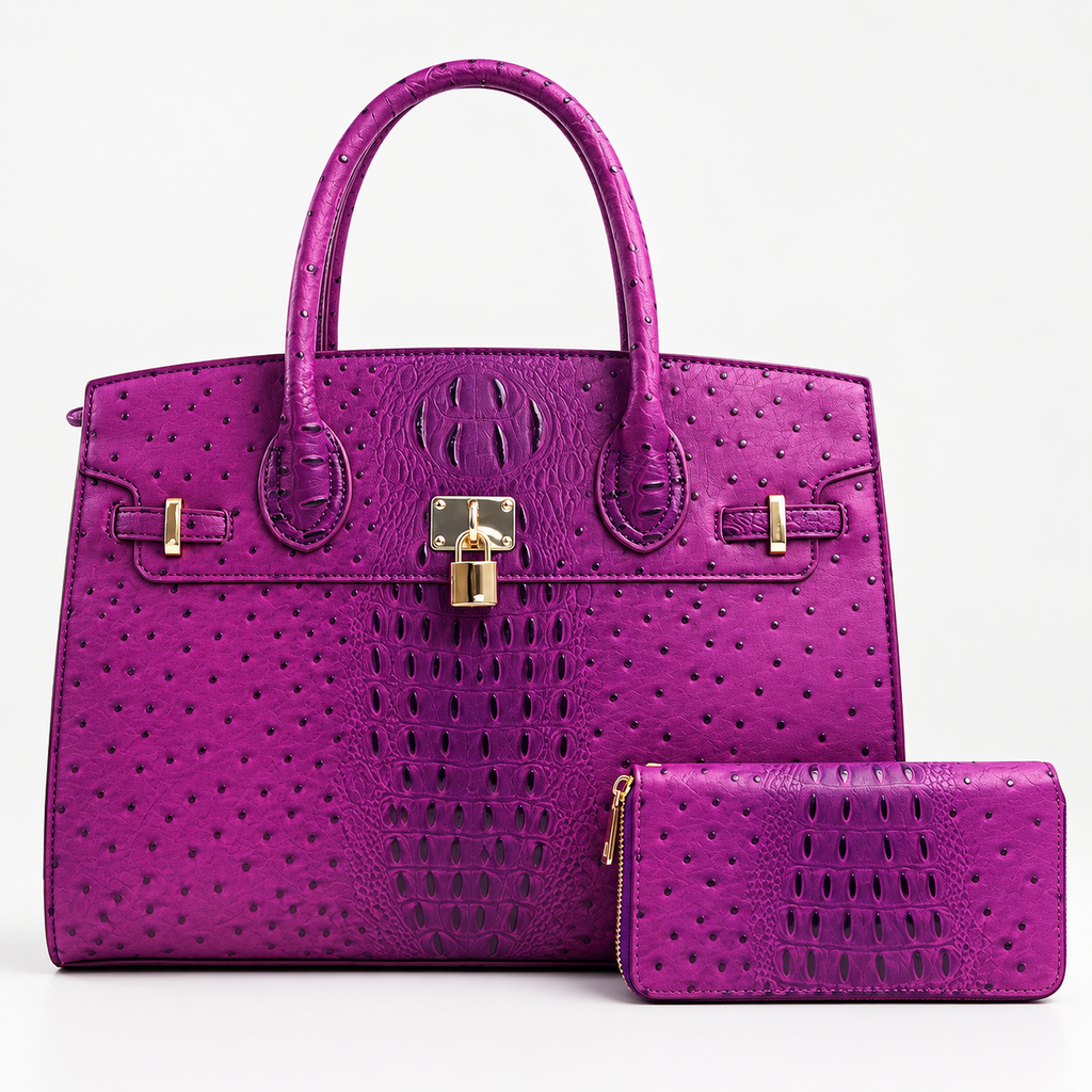 Vivienne XL Ostrich-Embossed Satchel & Wallet Set