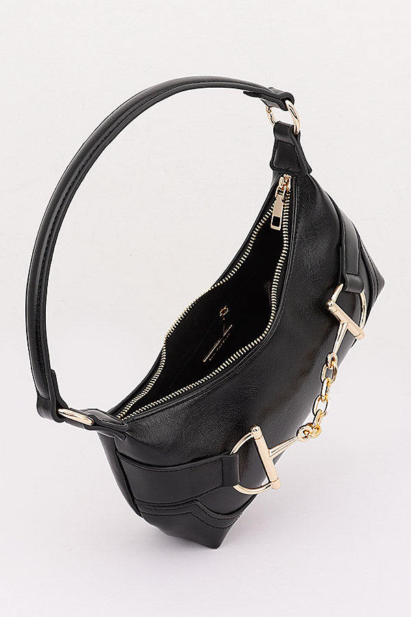 Reference view in black, opening and interior of Isadora Horsebit Hobo Bag; black is not an available color
