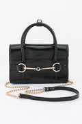 Jacinta Black vegan leather horsebit bag, front view with detachable strap