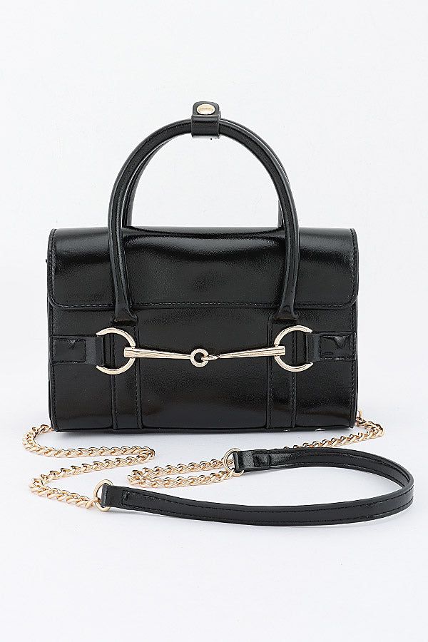 Jacinta Black vegan leather horsebit bag, front view with detachable strap
