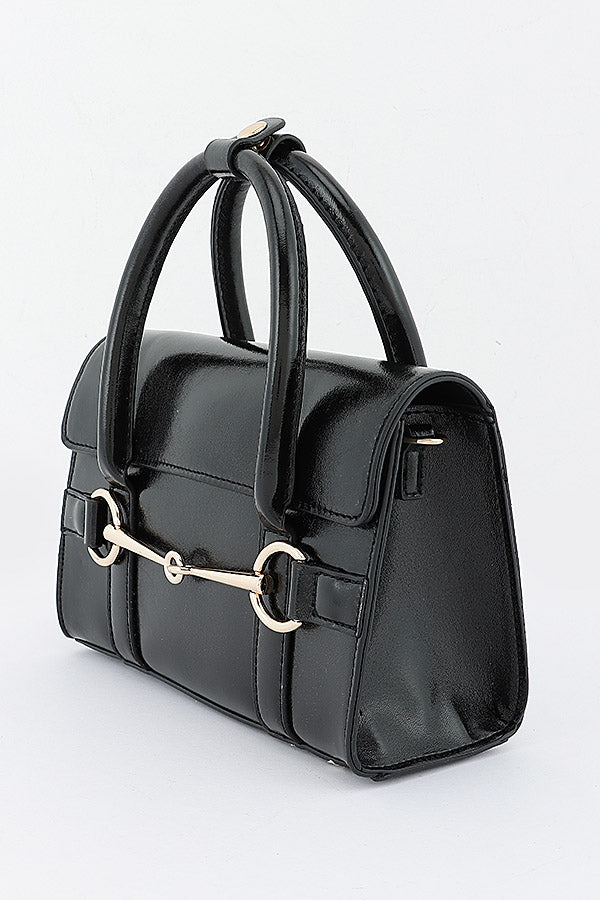 Jacinta Black horsebit handbag, angled side view