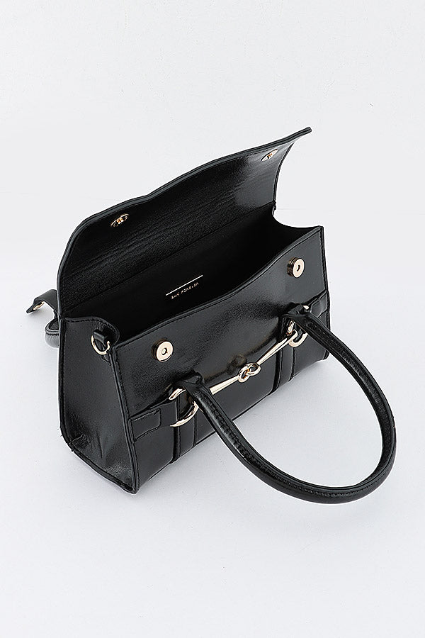 Jacinta Black horsebit handbag open to show interior