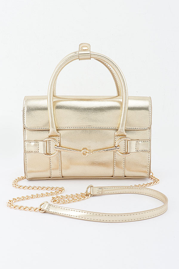 Jacinta Gold metallic vegan leather horsebit bag with detachable strap