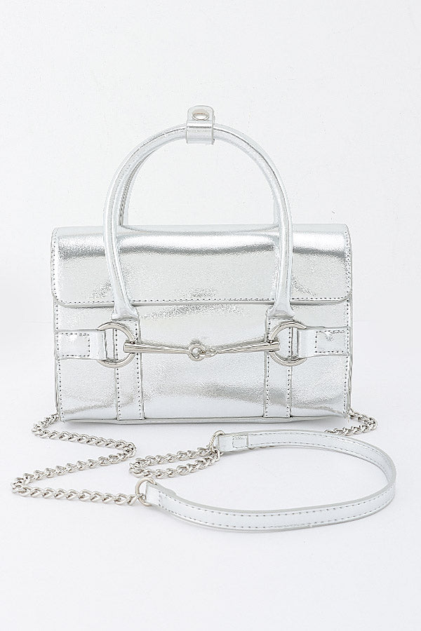 Jacinta Silver metallic vegan leather horsebit bag with detachable strap