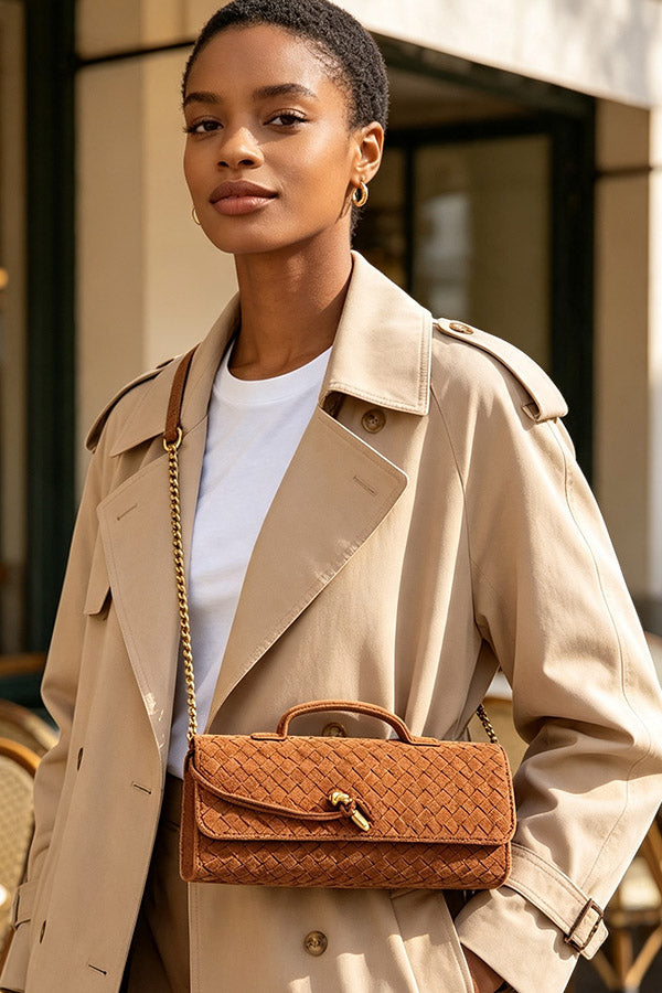 Tan color shown: Isabella bag with flap open to show interior