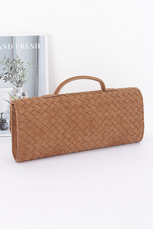 Tan color shown: back of Isabella faux suede woven bag