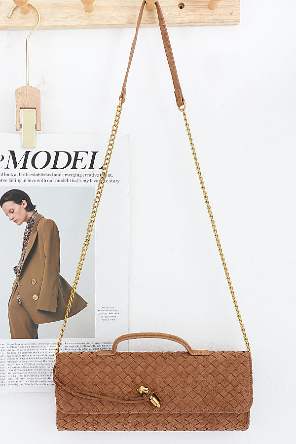 Tan color shown: angled close view of Isabella bag's woven texture and flap