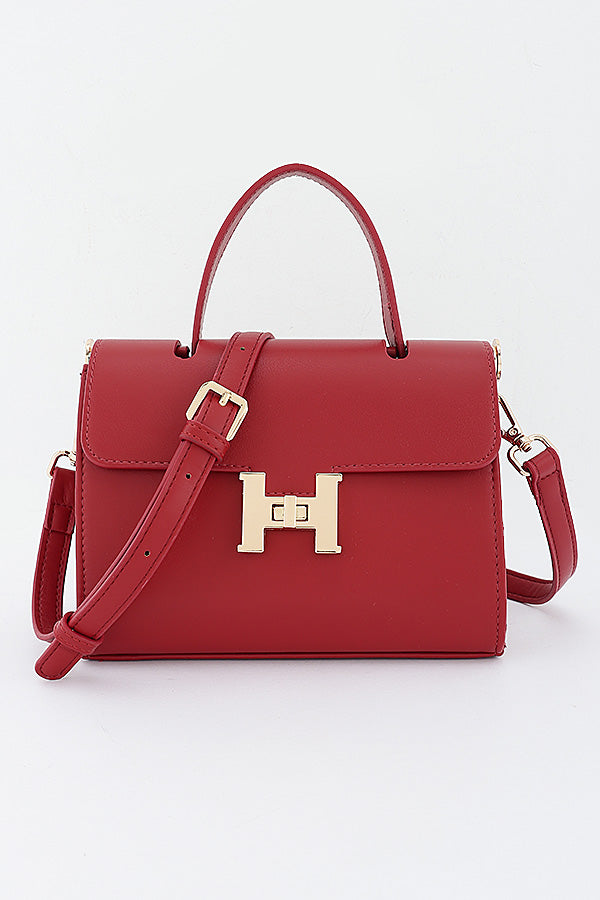 Burgundy Clara vegan leather top-handle bag with H-shaped turn-lock