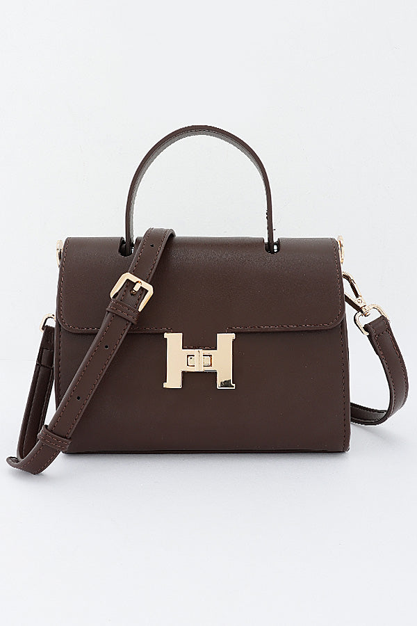 Coffee Clara vegan leather top-handle bag with H-shaped turn-lock