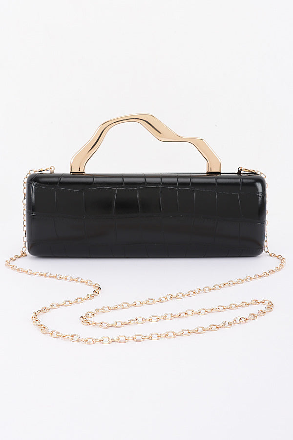 Celeste black clutch opened to show interior