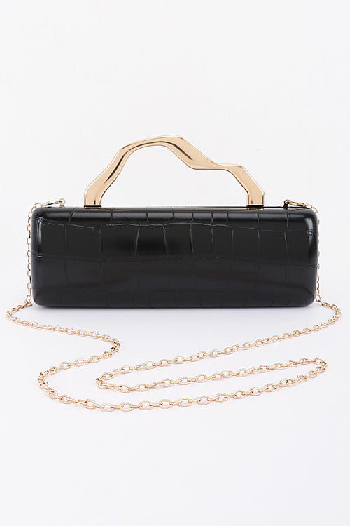 Celeste black clutch opened to show interior