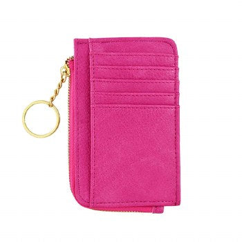 Pink zip cardholder keychain with card slots and key ring