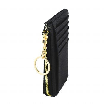 Black zip cardholder keychain, side view showing zipper and key ring