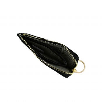 Black zip cardholder keychain, top view showing open zippered compartment