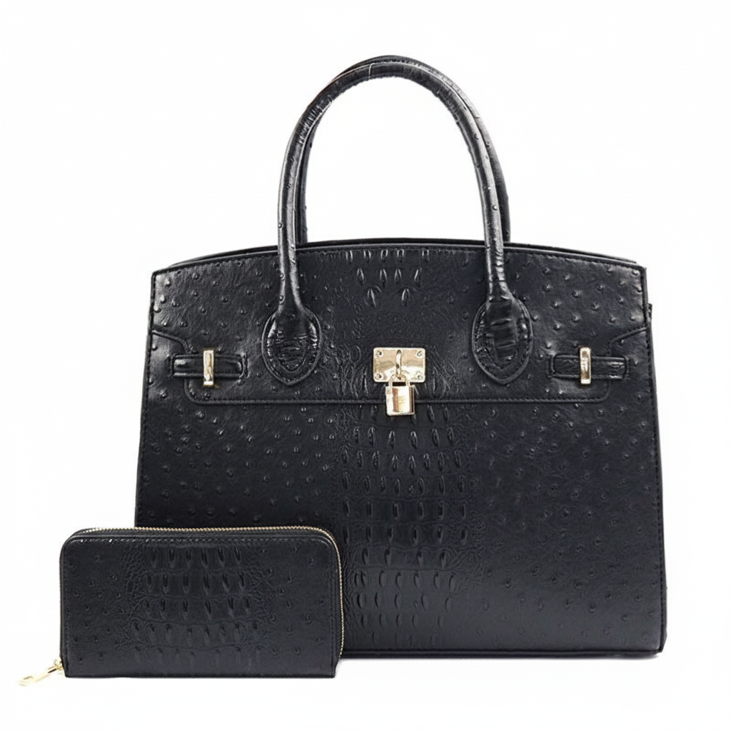Vivienne XL Ostrich-Embossed Satchel & Wallet Set