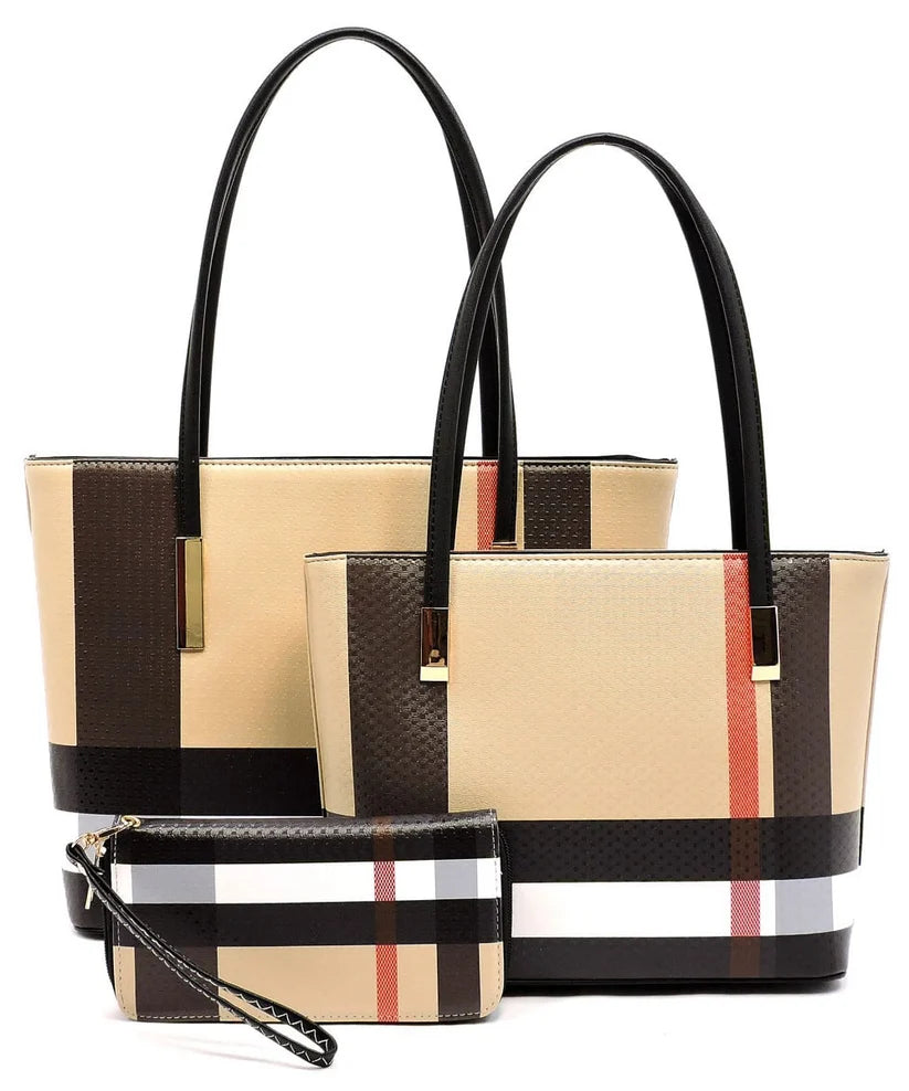 Colette plaid handbag set with black handles, two totes and matching wallet on white background