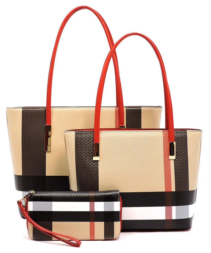 Colette plaid handbag set with red handles, two totes and matching wallet on white background