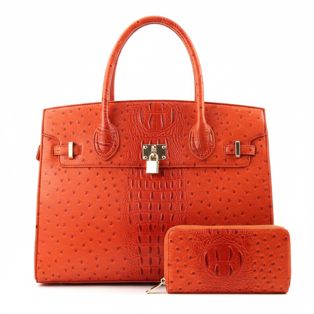 Vivienne XL Ostrich-Embossed Satchel & Wallet Set