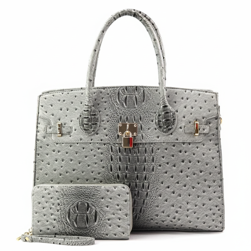 Vivienne XL Ostrich-Embossed Satchel & Wallet Set