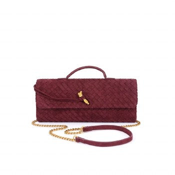 Burgundy Isabella faux suede woven shoulder bag, front view with chain strap
