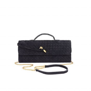 Black Isabella faux suede woven shoulder bag, front view with chain strap