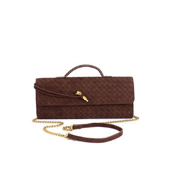 Coffee Isabella faux suede woven shoulder bag, front view with chain strap