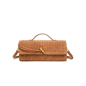 Tan Isabella faux suede woven shoulder bag, front view