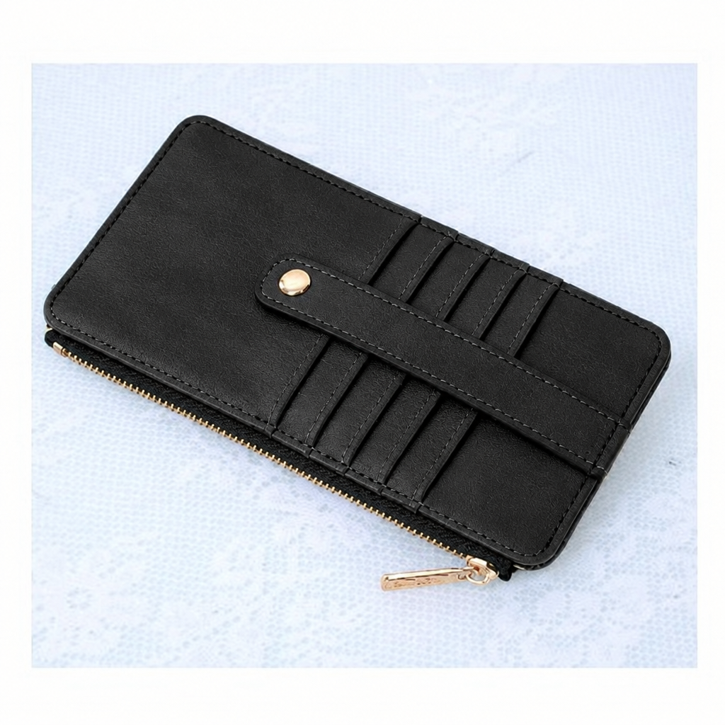 Black recolor of Miranda wallet showing card slots and snap strap