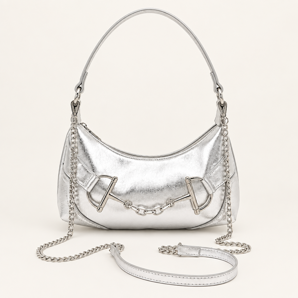 Silver metallic Horsebit Accent Hobo Bag with top handle and chain strap