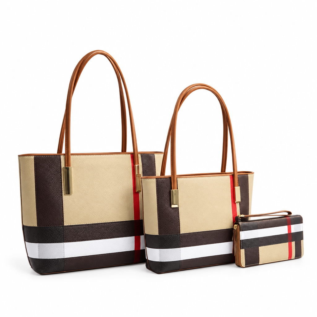 Colette plaid three-piece handbag set with two totes and matching wallet on white background