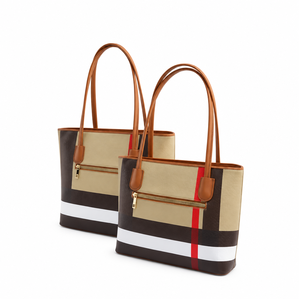 Back view of two Colette plaid totes with zipper pockets on white background