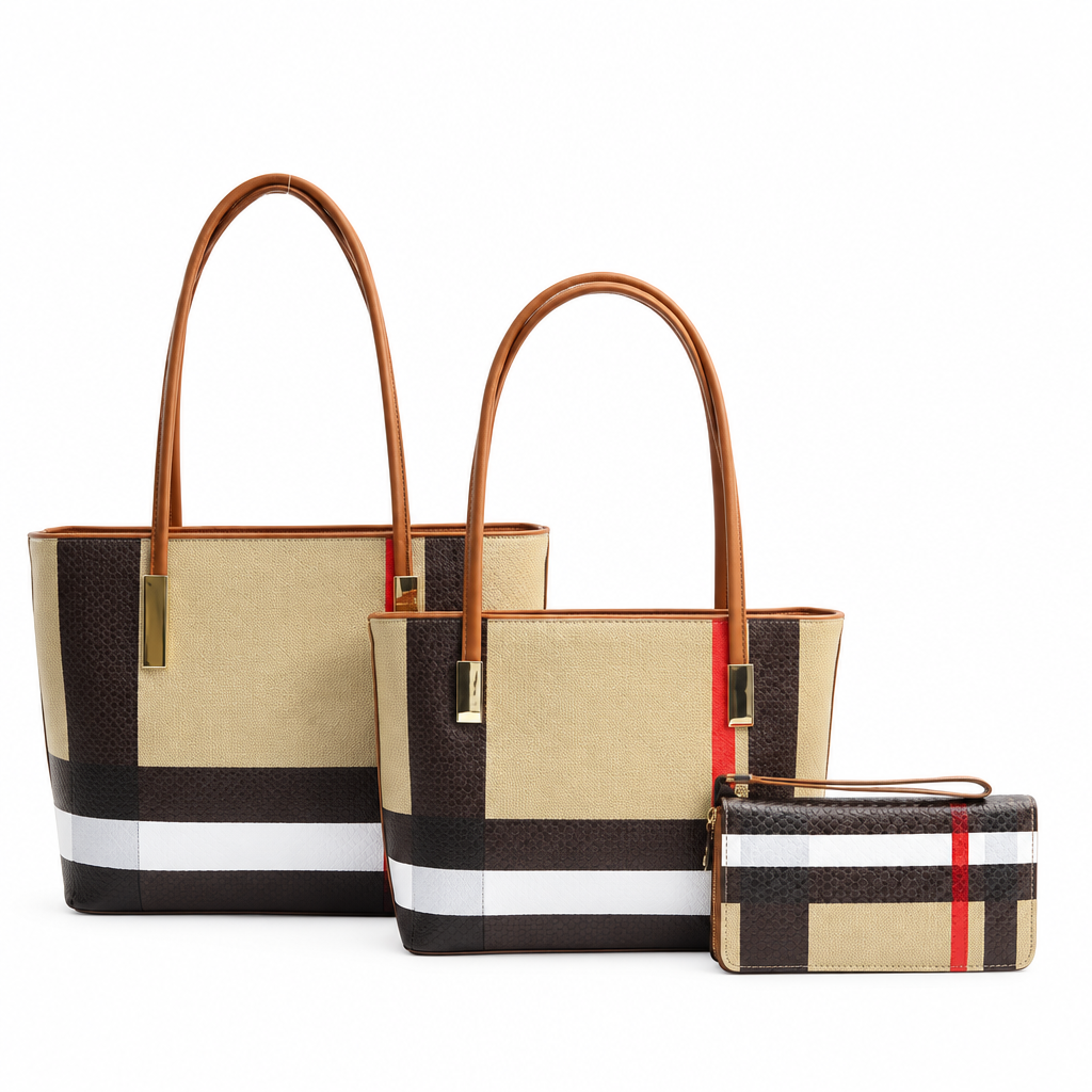 Front view of Colette plaid handbag set with two totes and wallet on white background