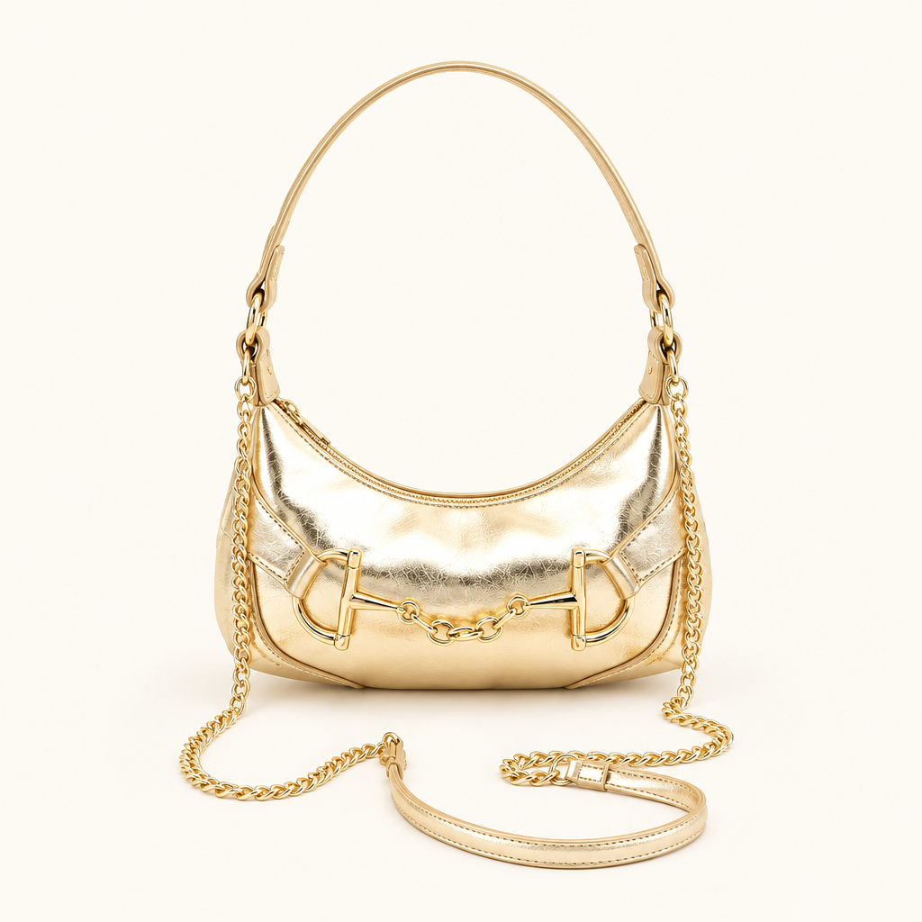 Gold metallic Horsebit Accent Hobo Bag with top handle and chain strap