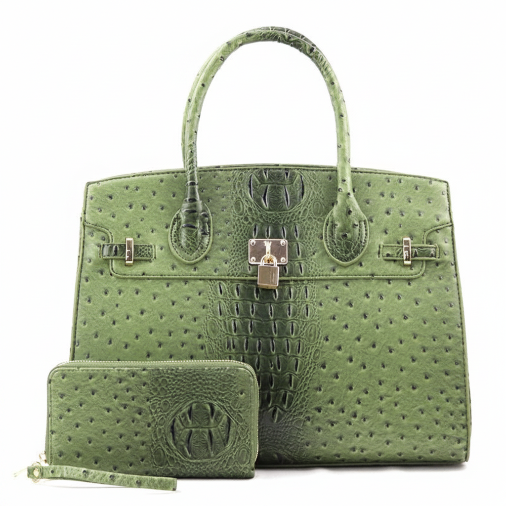 Vivienne XL Ostrich-Embossed Satchel & Wallet Set