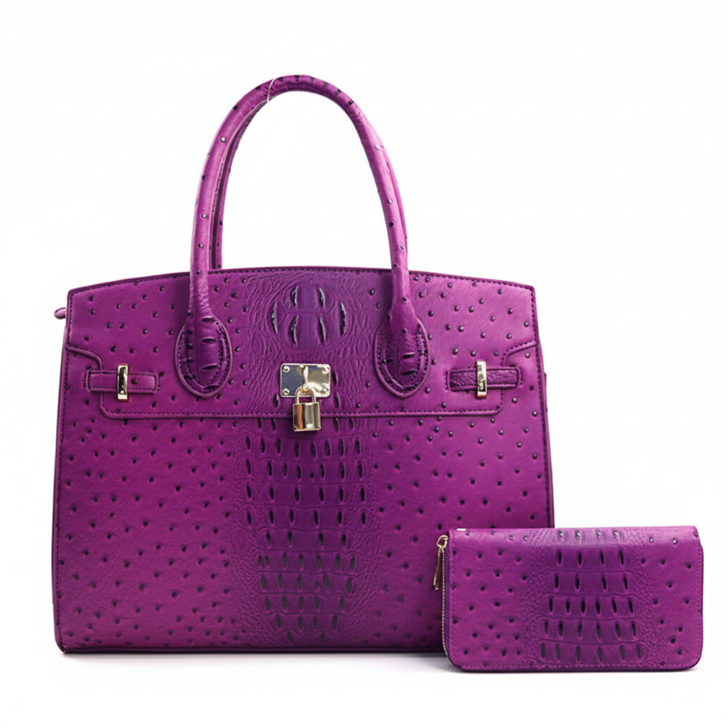 Vivienne XL Ostrich-Embossed Satchel & Wallet Set