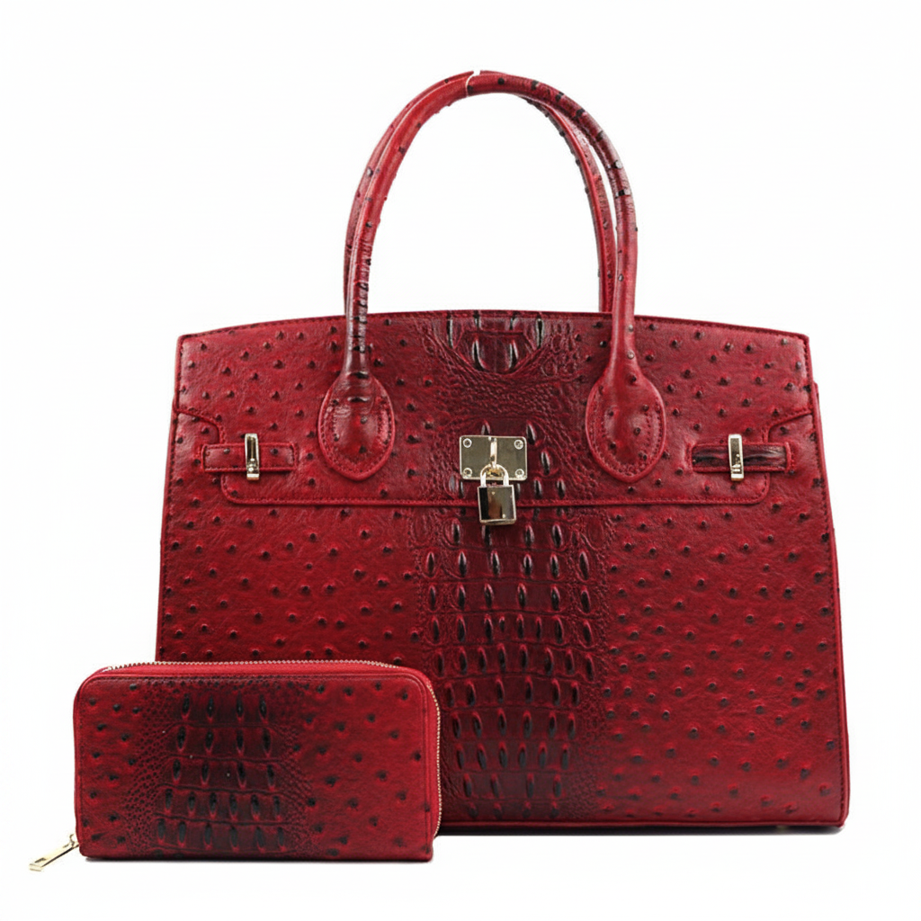 Vivienne XL Ostrich-Embossed Satchel & Wallet Set