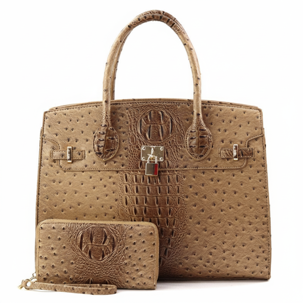 Vivienne XL Ostrich-Embossed Satchel & Wallet Set
