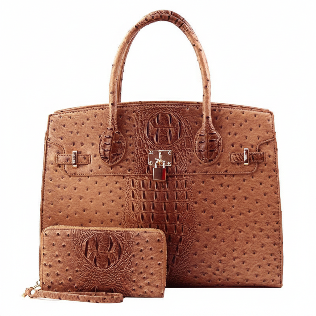 Vivienne XL Ostrich-Embossed Satchel & Wallet Set