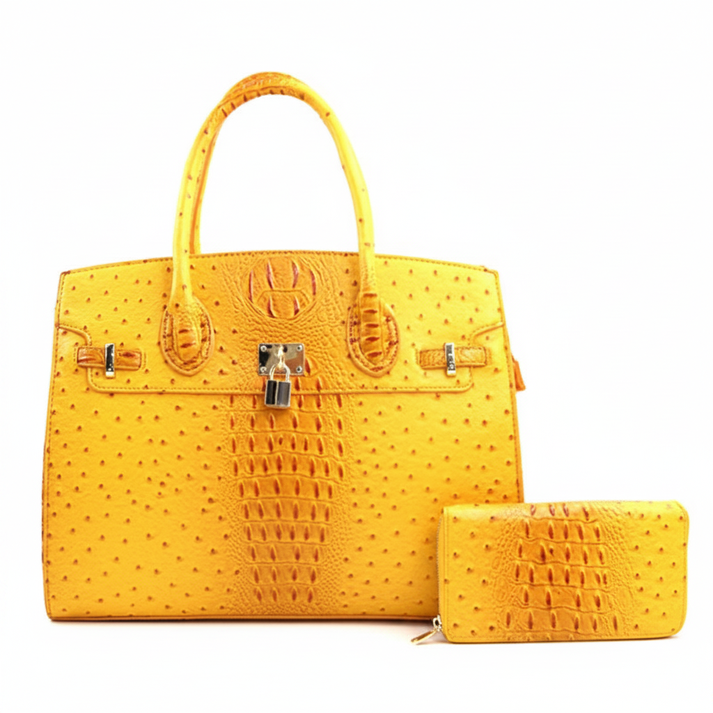 Vivienne XL Ostrich-Embossed Satchel & Wallet Set